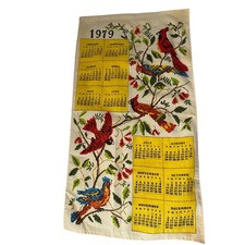 Vintage 1979 Linen Calendar Tea Towel Birds Cardinals Retro Kitchen Wall Decor picture