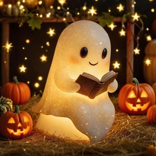 Cute Ghost Reading Book Lamp Halloween Gifts Light Up Ghost Statue Night Light picture