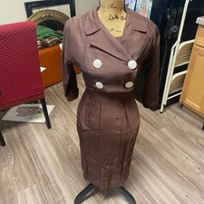 Vintage 1940s Brown Dress Set XS Two Piece Cropped Jacket Floral Lining picture