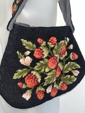 Stunning 1950s Wool Needlepoint Purse Strawberries 🍓 Double Sided & Lined EUC picture