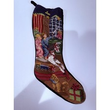 LANDS END Needlepoint Christmas Stocking Horse Kids Looking Out Of  Velvet Jan picture