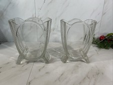 VTG Pair of EAPG Adams & Co Square Oval Medallion Vases Clear Glass Footed picture