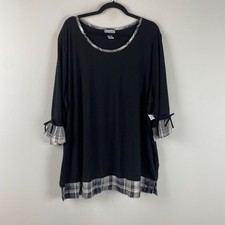 Catherines Tunic w/ Plaid Trim Size 2X Black 3/4 Tie Sleeves Stretch picture