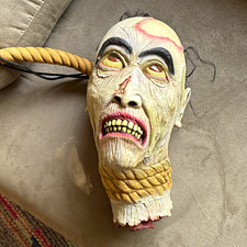 Severed Head Halloween Latex Mask Prop w/ Rope Noose, Beige Black Red picture