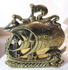 Vtg Pre-WW2 Pair of Brass Stamped made in England Sailing Ship Galleon Bookends picture