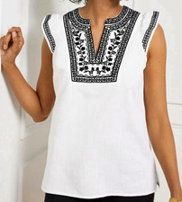 Talbots Women’s Plus 2X White Linen Cotton Embroidered Split Neck Tunic Blouse picture