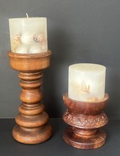 2 Vintage Carved Wooden Candlestick Holders Retro Art BoHo Hardwood Cottage picture