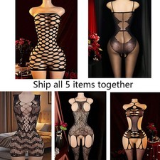 5 Pcs Sexy Black Fishnet Bodysuit Stretchy Padded Lingerie with Panties for picture
