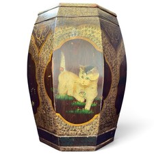 Unusual Kitten & Goldfish Octagonal Rice Barrel Hand-Painted Lacquer Wood 17.5” picture