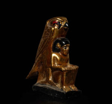 Ancient Egyptian Horus Protecting Ramses II Falcon Statue Gold Artifact BC picture