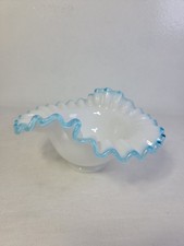 Vintage Fenton Aqua Crest Milk Glass Bowl Aqua Blue Ruffled Candy Dish picture