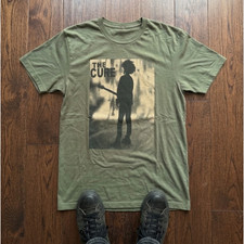The Cure Band T-Shirt Robert Smith Guitar Silhouette Olive Green Mens picture