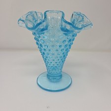 Vintage Fenton Glass Hobnail Opalescent Aqua Blue Ruffled Fluted Vase 5.75” Tall picture
