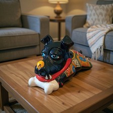 Large Hand-Painted Talavera Ceramic Laying Dog Decor with Bone picture