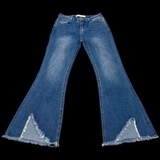 Q2 Premium Denim High Rise Flare Jeans Small Blue Split Fray Hem Boho Festival picture