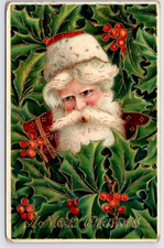 Santa Claus with Holly~Antique Gel Embossed~ Vintage~Christmas Postcard~s602 picture