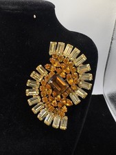 Kramer of New York Citrine Rhinestone Swirl Brooch Topaz Baguette Pin picture
