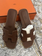 Hermès Women’s Oran Brown Leather H Logo Cutout Slide Sandals EU 37.5/US 7.5 picture
