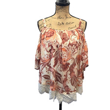 NWT Maurices Womens sz L Cold Shoulder Top Floral Lace Hem Boho Peasant Cowgirl picture