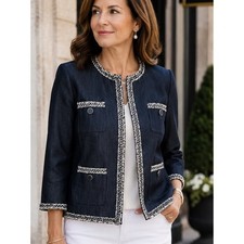 Talbots Petite 6P Denim Look Tweed Trim Jacket NWT Career Executive Chic Blazer picture