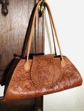 Vtg 60s-70s Tooled Leather Floral Bag Mexican Western Boho Floral Handbag *COOL* picture