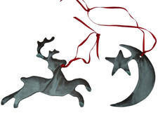 2 metal Xmas Ornaments copper patina reindeer & crescent moon star 5