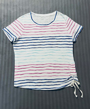 T by Talbots Women’s L White Blue Pink Striped Knit Cotton Drawstring Side Tee picture