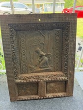 Antique, Victorian Cast Iron Fireplace Cover Relief Woman Forest, Panel Brown picture