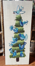 Vintage Paragon Bluebird Fir Tree Crewel Embroidery Wall Hanging MCM Complete picture