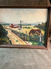 Circa 1960s hand painted farm scene oil on Canvas board signed by Judy D .? picture