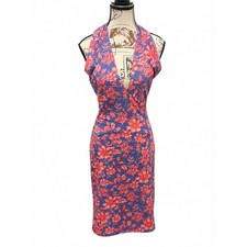 Belle Badgley Mischka Halter Dress Womens 0 Blue Coral Floral Striped Sheath NWT picture