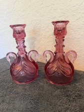 Two Vintage Fenton Cranberry Pink Art Glass Swan Handle Candlestick Holders 6.5