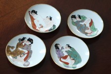 Vintage Japanese Shunga Erotic Sake Dish Set Porcelain Kutani Gold Rim Sakazuki  picture