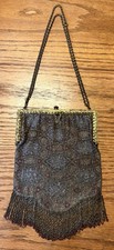 Antique FRENCH Micro-BEADED Flapper Era PURSE/Hand-Bag-Ornate BRASS Frame&Chain picture