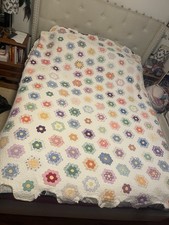 Vintage Grandmother's Flower Garden Hand Quilted Patchwork Quilt 85” x 76” Multi picture