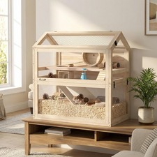 Wooden Hamster Cage, 3-Tier Small Animal Cage with Hut, Seesaw, Ramps, Wheel picture