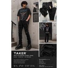 TAKER Men's Black Distressed Skinny Jeans 34x44 Stretch Ripped Grunge Goth Punk picture