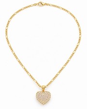 Gold Tone Gold Plated Cable Chain Necklace w/ Heart Pavé White Crystal Charm picture