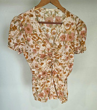 Les Amis Women's Floral V-Neck Puff Sleeve Tie-Front Cotton Blouse M T1324 picture