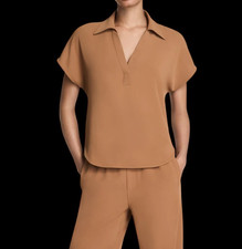 SPANX Carry On Collared Tee Large Maplewood Brown V-Neck Twill Travel Top NWT picture