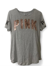 Victoria's Secret PINK SMALL gray t-shirt with sequin letters spelling 'PINK picture