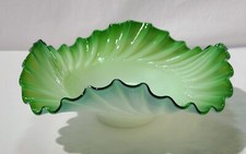 Vintage Victorian Style Opalescent Green & Light Green Crimped Ruffled Bowl picture
