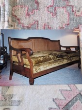 Vintage French Provincial Cane Cherry Wood Sofa Early 1900s Green Velvet picture