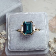 3.00 Ct Emerald Cut Natural Alexandrite Diamond & Wedding Ring 14K Yellow Gold picture