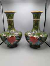 Pair Vintage Chinese Cloisonne Green Vases Floral Peony Plum Blossom 10.5