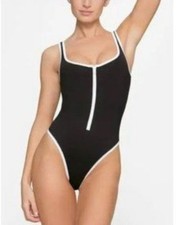 Skims Women Zip Up Swim Scoop Neck One Piece Onyx Medium M Black White Swimsuit picture
