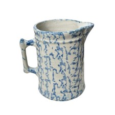 Antique 19th C. Blue & White Spongeware Pitcher, American Stoneware, Rustic Farm picture