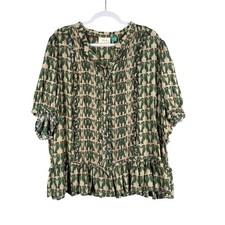 Maeve Anthropologie Womens 22W Blouse Green Bird Print Peplum Pintuck Boho Top picture