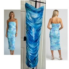 Lulus Vania Blue Abstract Mesh Ruched Strapless Midi Dress Large New NWT picture