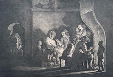 Jean-Jacques De Boissieu, animated scene in front of the fireplace, antique engraving picture